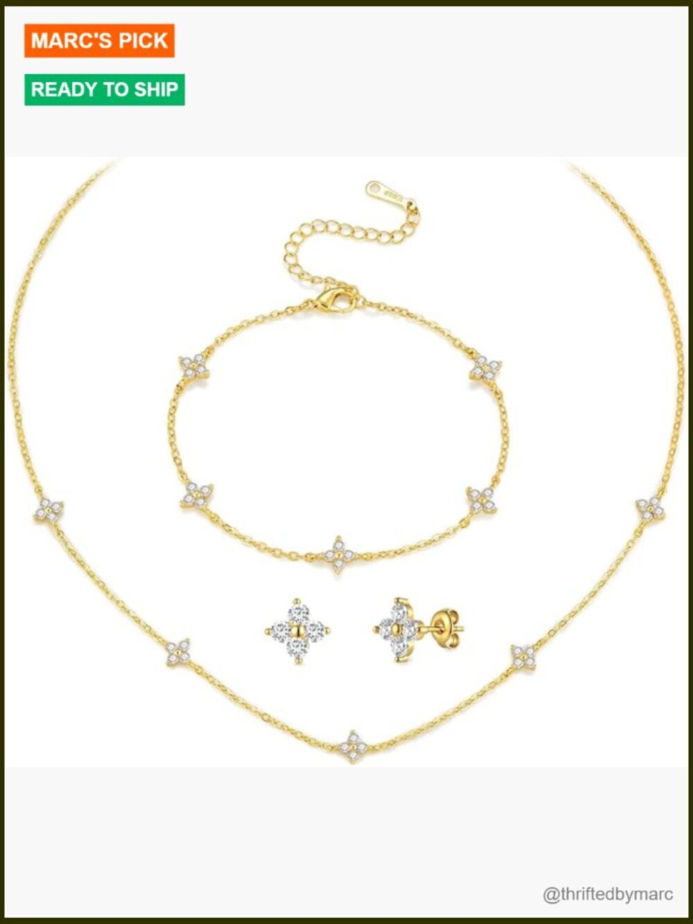 4 Leaf Clover Jewelry Set - Necklace Bracelet Earrings 18K Gold Plated CZ